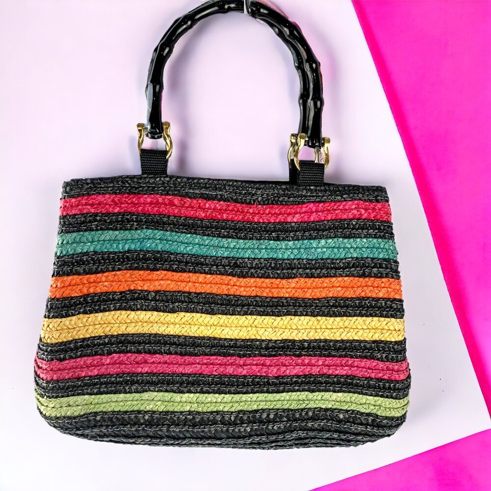 MAGID Multi Colored Striped Wheat‎ Straw Double Wooden Handle Satchel